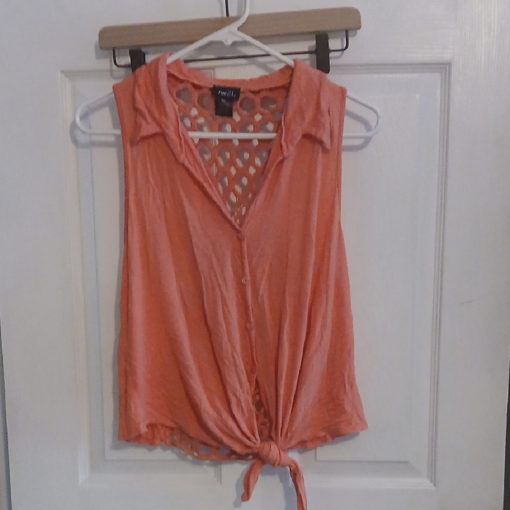 Peach Love California Orange Button Down Blouse with Tie Front